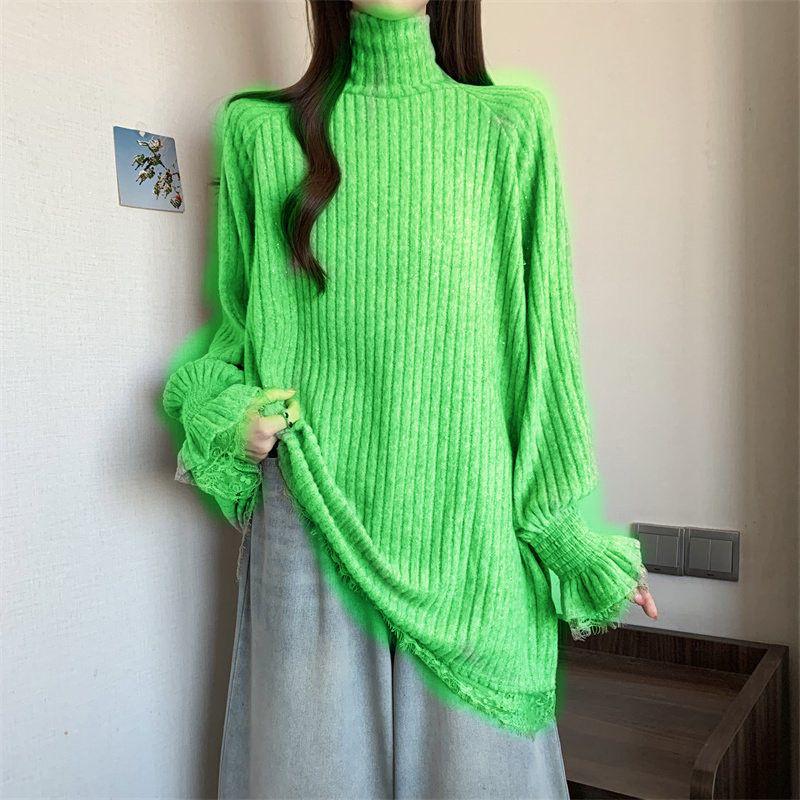 

Женский пуловер большого размера в стиле ретро с кружевом под горло и пайетками - осенне-зимний базовый слой до бедер M