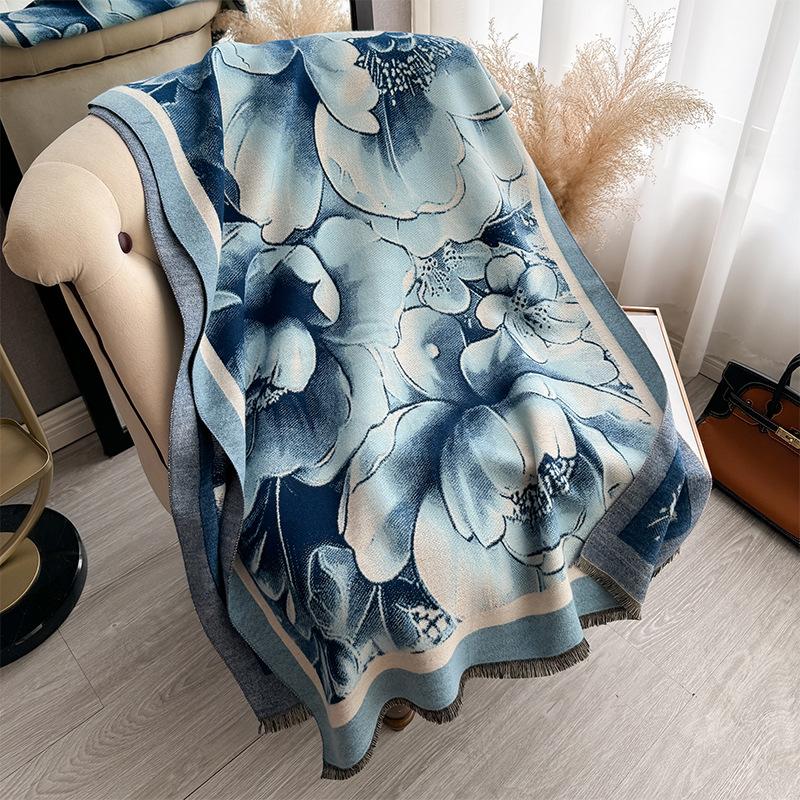 Autumn And Winter National Style Plants And Flowers Landscape Painting Elegant Women Warm Scarf Fashion Retro Shawl