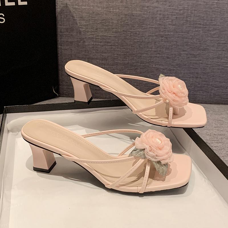 Aneikeh Letní móda Krajkový květ Čtvercová špička Dámské pantofle Sandály na vysokém podpatku Plážové pantofle Zapatos