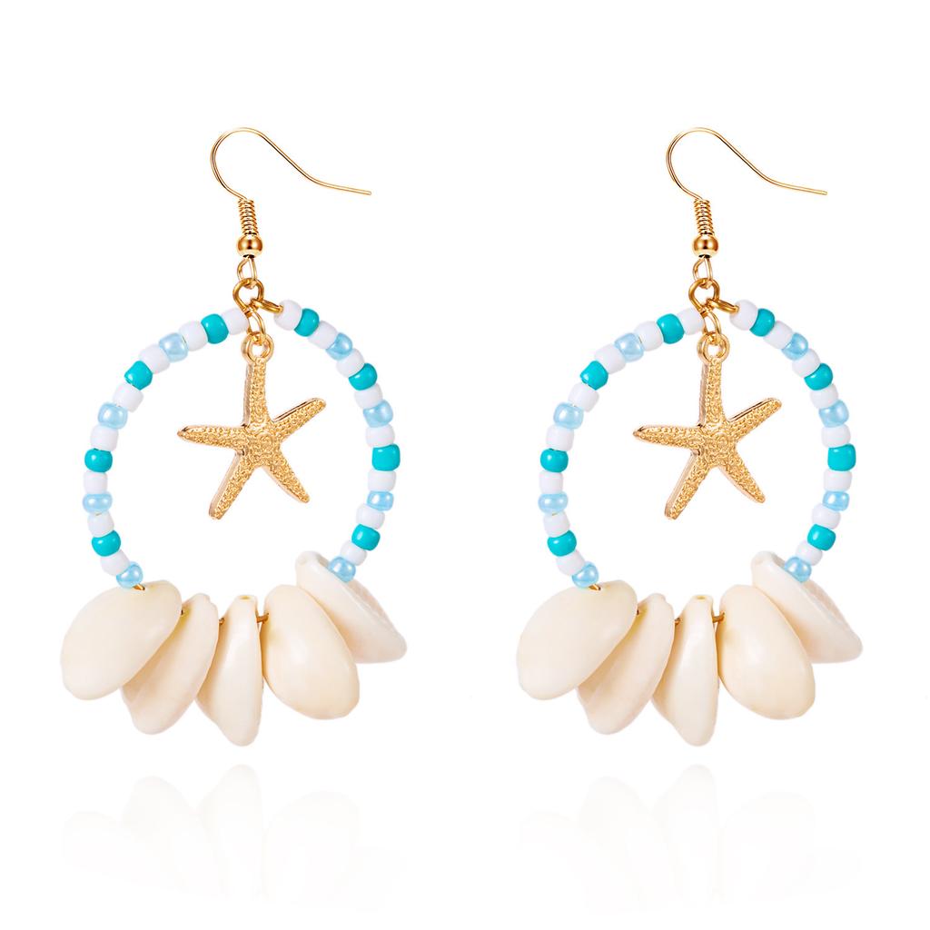 Asymmetric Starfish Shell Pendant Earrings For Women, Resin Geometric Circular Retro Popular Bohemian Style Jewelry Gift