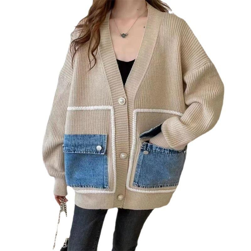 Lazy Wind Sweater Female Cowboy Pocket Splicing Loose Casual Fall Knitted Cardigan Jacket Female Comfortable Versatile and Fashionable