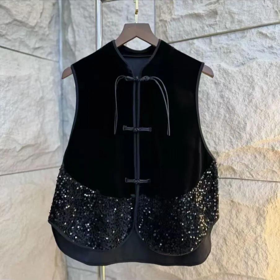 Damen Chinesischer Stil Design Gespleißte Pailletten Ärmellose Weste