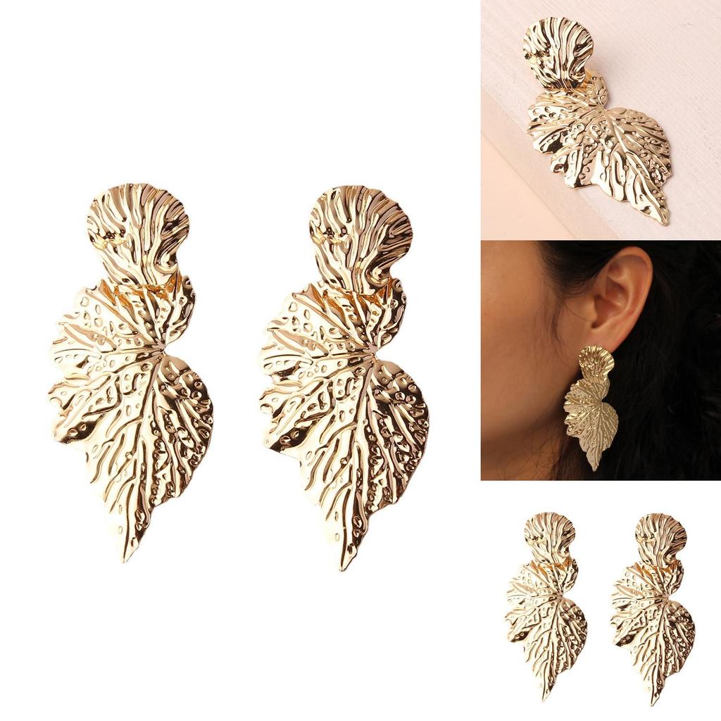 Metal Leaf Earrings With Gold Coating And Bold Design For Holidays And Celebrations