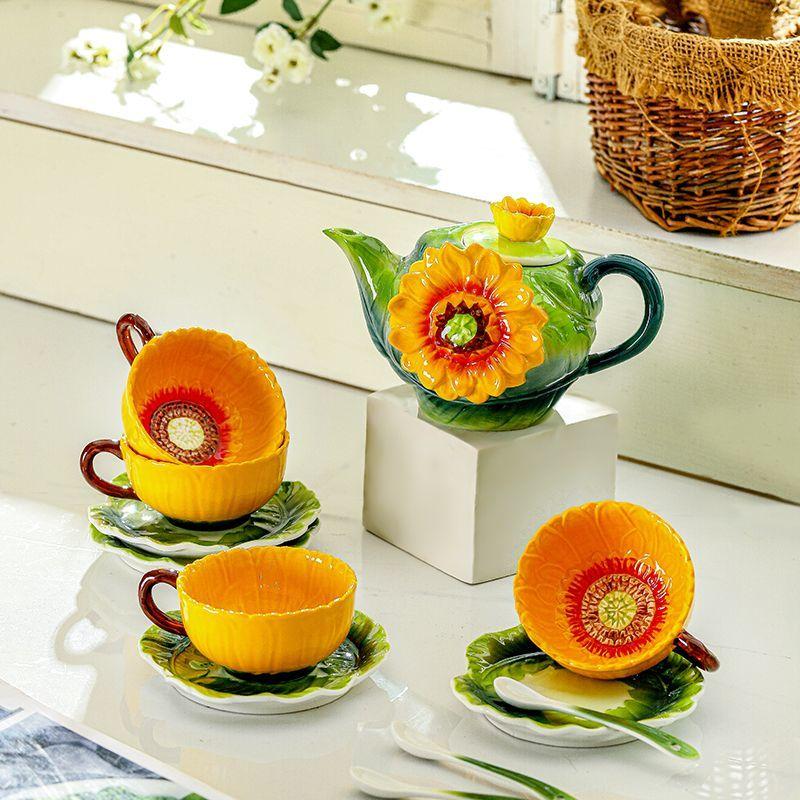 Kreative Sonnenblumenform Keramik Kaffeetasse Teekanne Tasse Zarte Blumige Emaille Farbe Teetasse Büro Tasse Trinkgeschirr Geburtstagsgeschenk