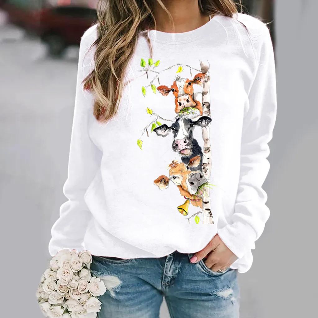 European and American Cow Pattern Printed Long Sleeve Crew-neck Hoodie Women's Wear Clothes  Aesthetic  Streetwear Women