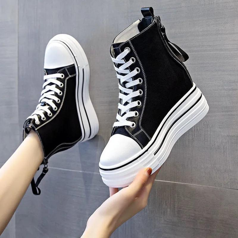 Women'S Thick Soled Sneakers New Slope Heel 8Cm Height Increase Women'S Zipper Breathable Casual High Top Canvas Shoes