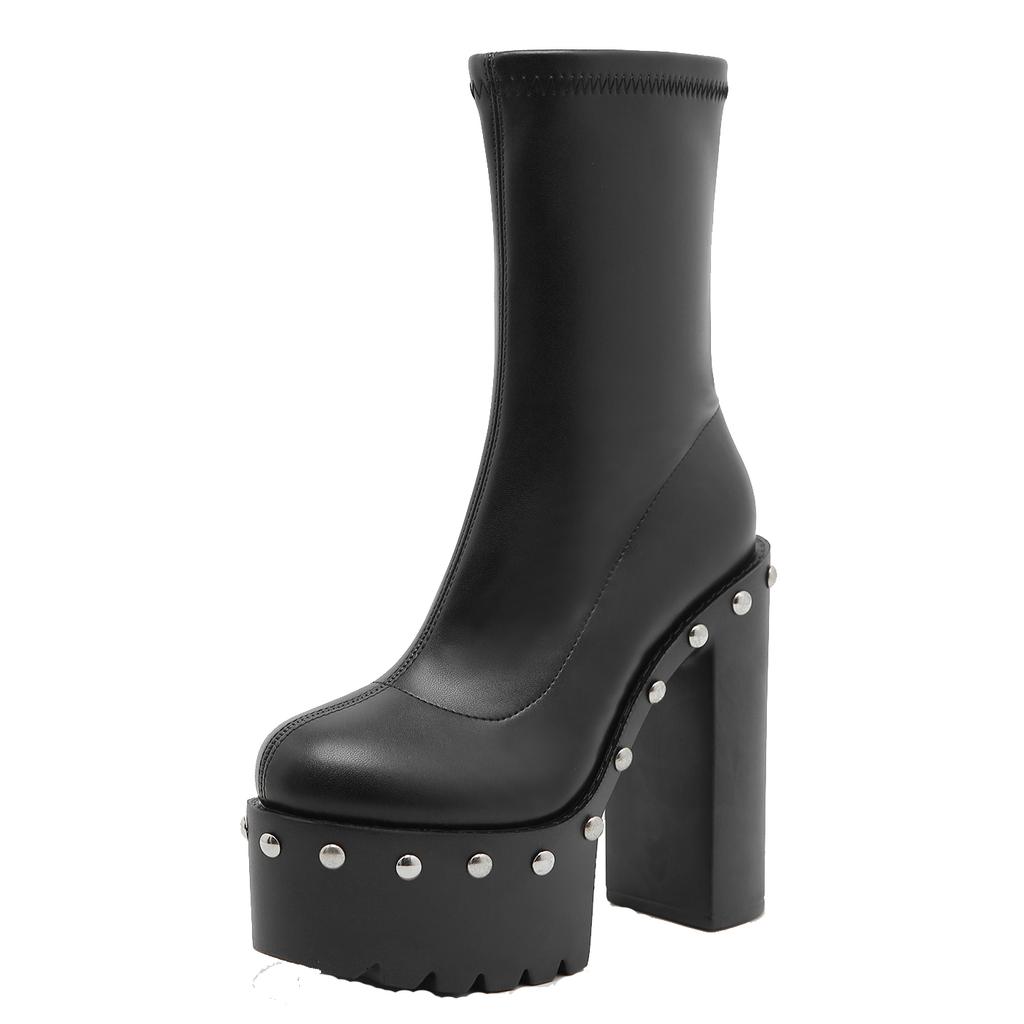 Fashion 14cm Heeled Platform Ankle Boots Woman Round Toe Autumn Shoes Punk Chunky Motorcycle Boots Big Size 43 Ladies High Heels