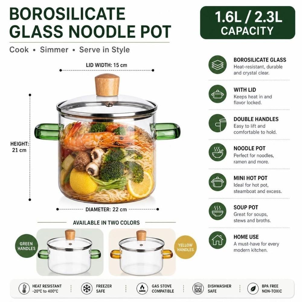 Heat Resistant Household Glass Saucepan 1.6/2.3L Noodle Bowl Glass Soup Pot  Kitchen Tools