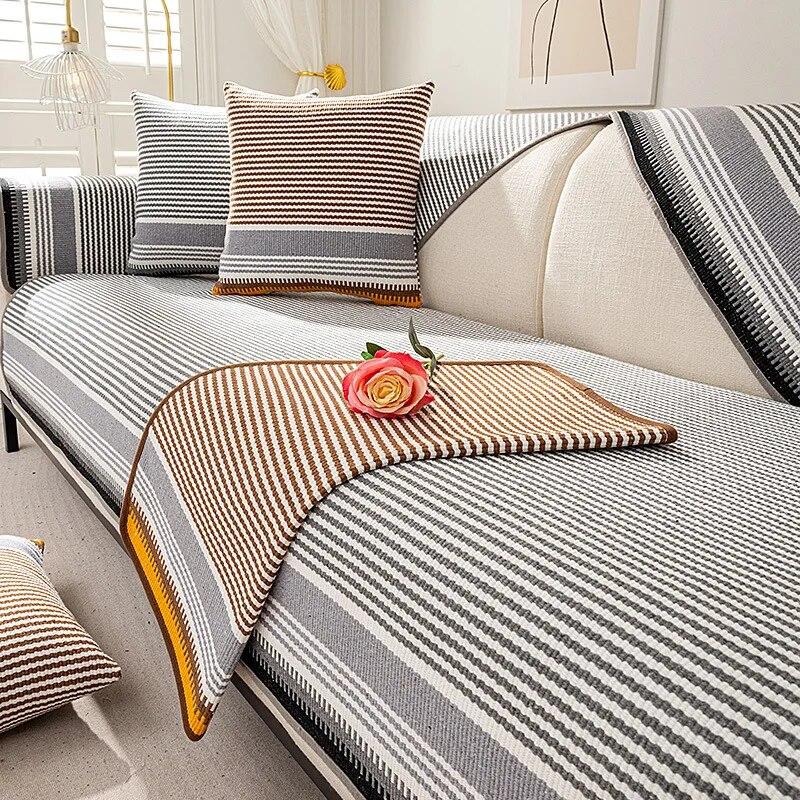 Cotton Linen Stripe Sofa Cover Four Seasons Universal Living Room Thickening Non-Slip Sofa Cushion Cover Furniture Dust Cover