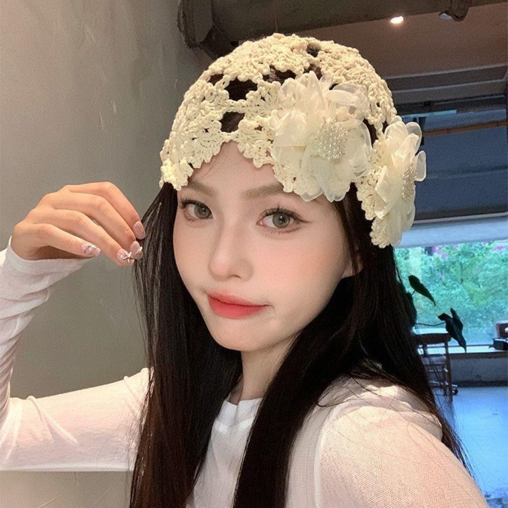 Pearl Hollowed Out Knitted Hat Elegant Bohemian Style Beanies Sweet Crochet Flower Hat  Girls