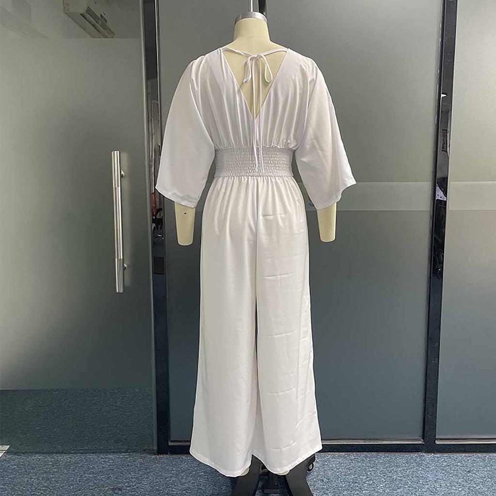 Mote dame ensfarget jumpsuit erme V-hals ryggløs midje løs vidde ben jumpsuit
