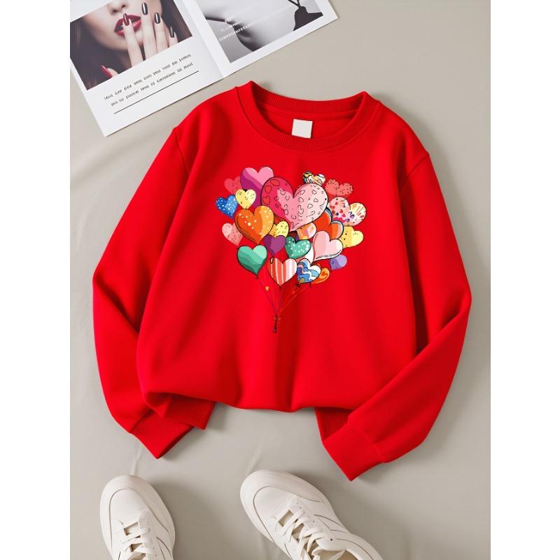 European Sizes Heart Balloons Colorful Pattern Love Design Girls' Crew Neck Sweatshirt, Western Top, Long Sleeved, Casual for Little Girls.