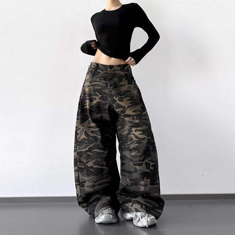 Women s High Waist Gray Camouflage Wide-Leg Denim Pants - Spring Slimming Floor-Length Extra Large камуфляжный