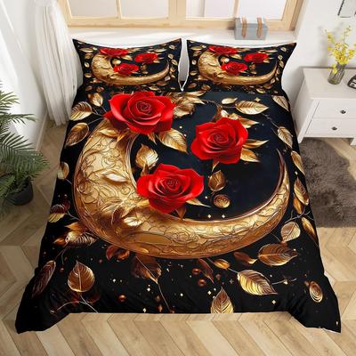 Rose Floral Duvet Cover,Vintage Crescent Moon Comforter Cover for Girls Women,Elegant Baroque Victorian Bedding Set Twin Queen