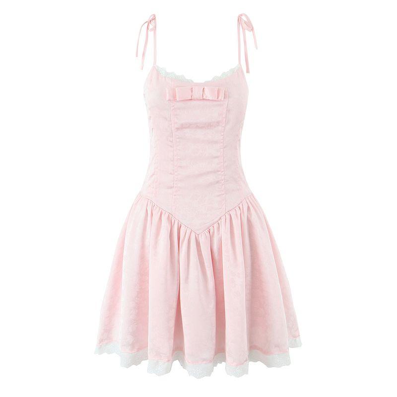 

Girl Dingge Sweet Summer Vietnamese Niche Escaped Princess Sweet Bow Lace Edge Puffy Sling Dress Pink Textured Slip Skirt L