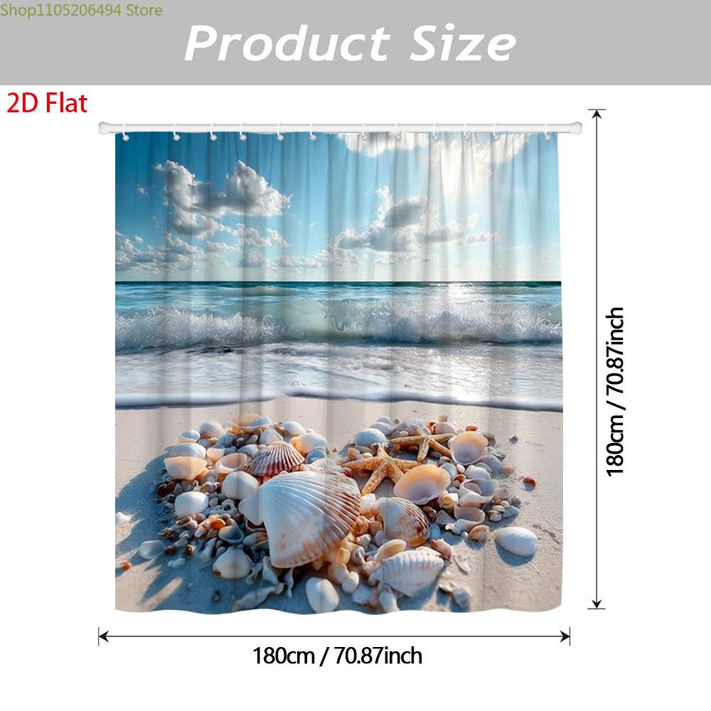 2D Flat, 1Pc Coastal Beach Shower Curtain With Seashells, Starfish & Ocean Waves - Bath Curtain Suitable For Bathtub/Shower, M