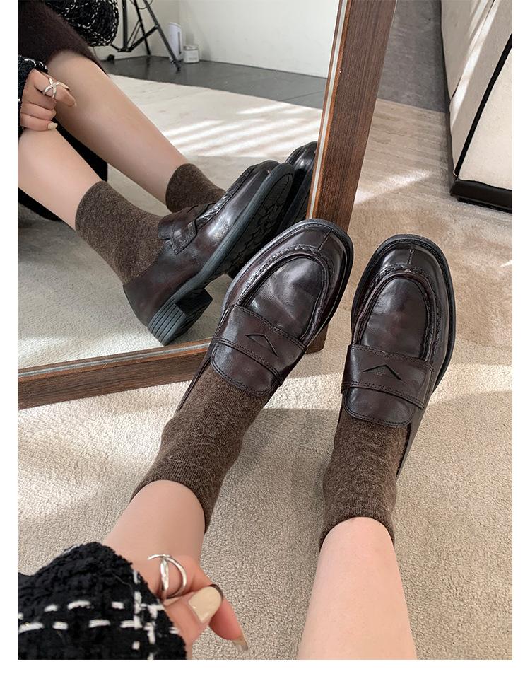 

Версия из овчины~ Кожаные туфли-лоферы на толстой платформе с круглым носком, женские туфли из мелкой кожи, туфли-одиночки, британский стиль, ленивые туфли на одном педале 35