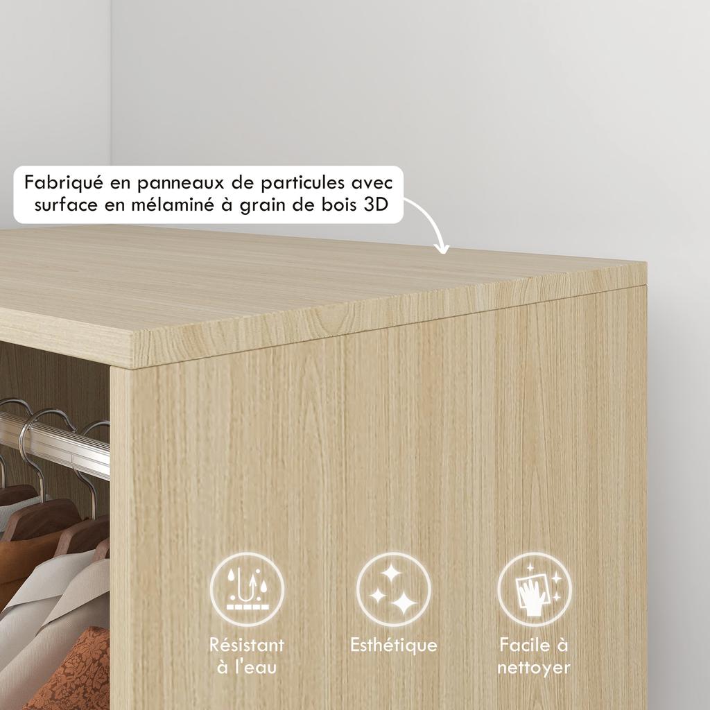 Wardrobe Closet Shelf 2 Compartments Wardrobe 4 Swivel Casters dim. 60L x 40W x 128H cm Natural Wood