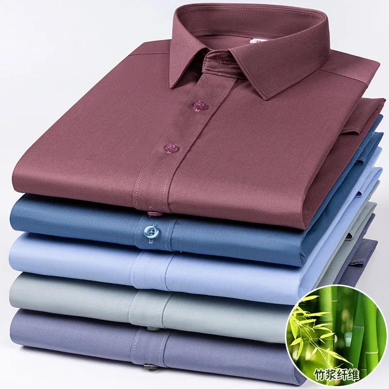Men Social Shirt Bamboo Fiber Long Sleeve Anti-wrinkle Non-ironing Slim Fashion Casual Business Office White Blue Shirt