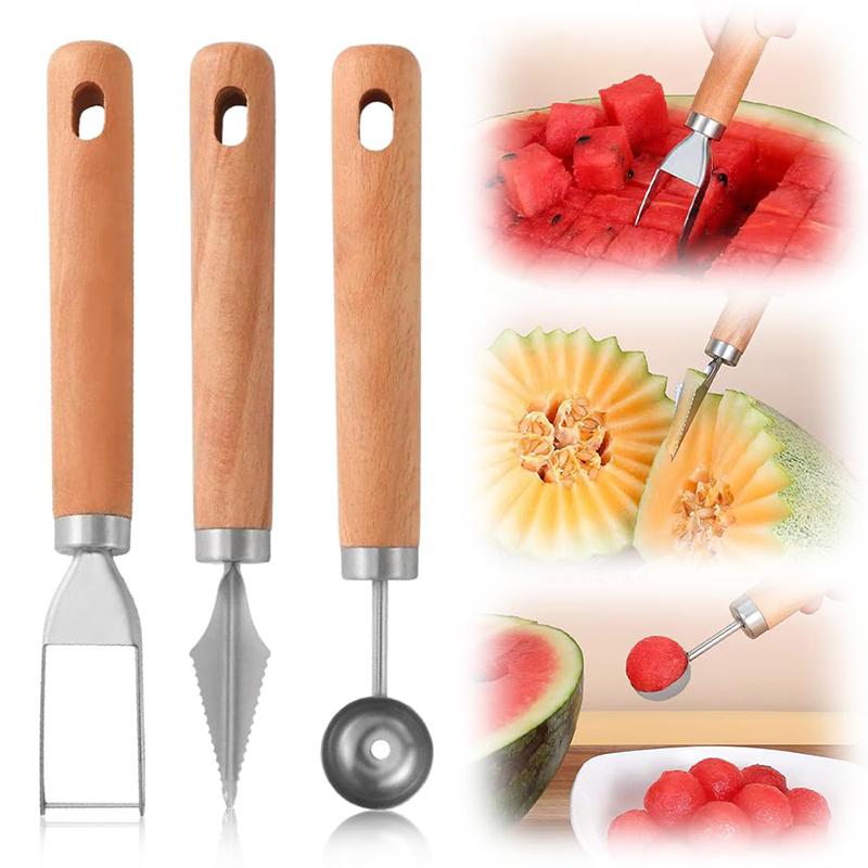 Stainless Steel Watermelon Cutter And Fruit Slicer Tool - 3-In-1 Melon Baller Fruit Carving Knife & Scooper For Home Kitchen