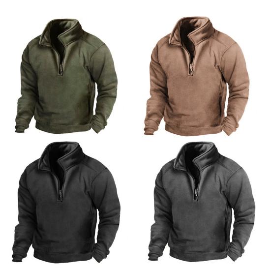 Men Autumn Winter Solid Color Sweatshirt Stand Collar Zipper Half Placket Pullover Long Sleeve Windproof Warm Outdoor Hunting Tops