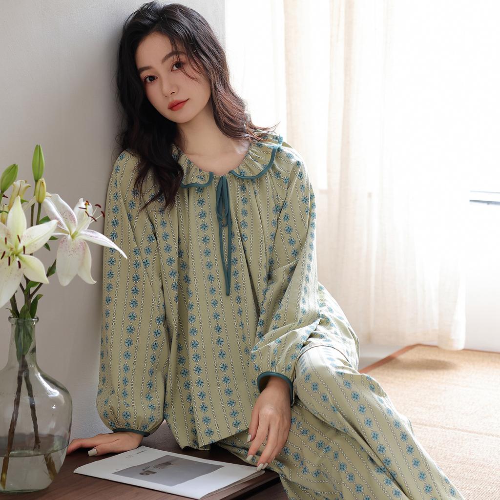 Women's pajamas pure cotton comfortable and simple thin spring and autumn cotton long-sleeved trousers cardigan loungewear can be worn outside set