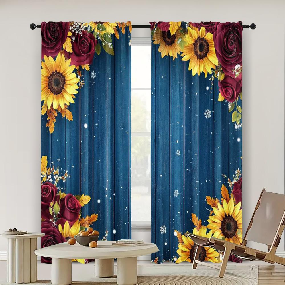 2pc,  Window Drapes Burgundy Sunflower Backdrop for Wedding Party Birthday Decorations Supplies Banner Rustic Wood Floral 100%