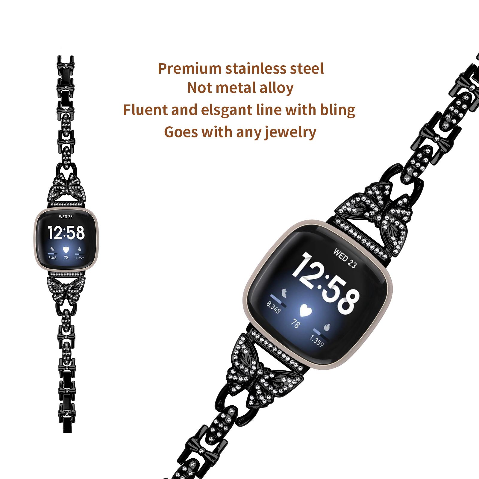 

For Fitbit Versa 3/Sense Stainless Steel Bracelet Butterfly Rhinestone Decor Watch Band Silver