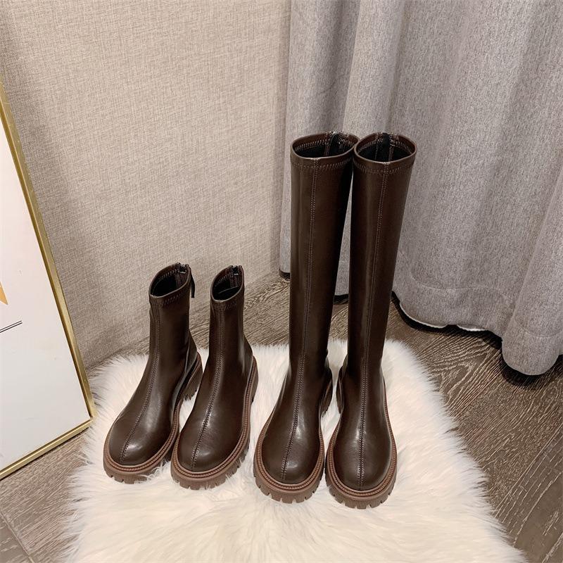 Women's Long Boots 2024 Autumn/Winter Thick Sole Round Toe Fashion Versatile Inner Heightening British Brown Knight Boots Women
