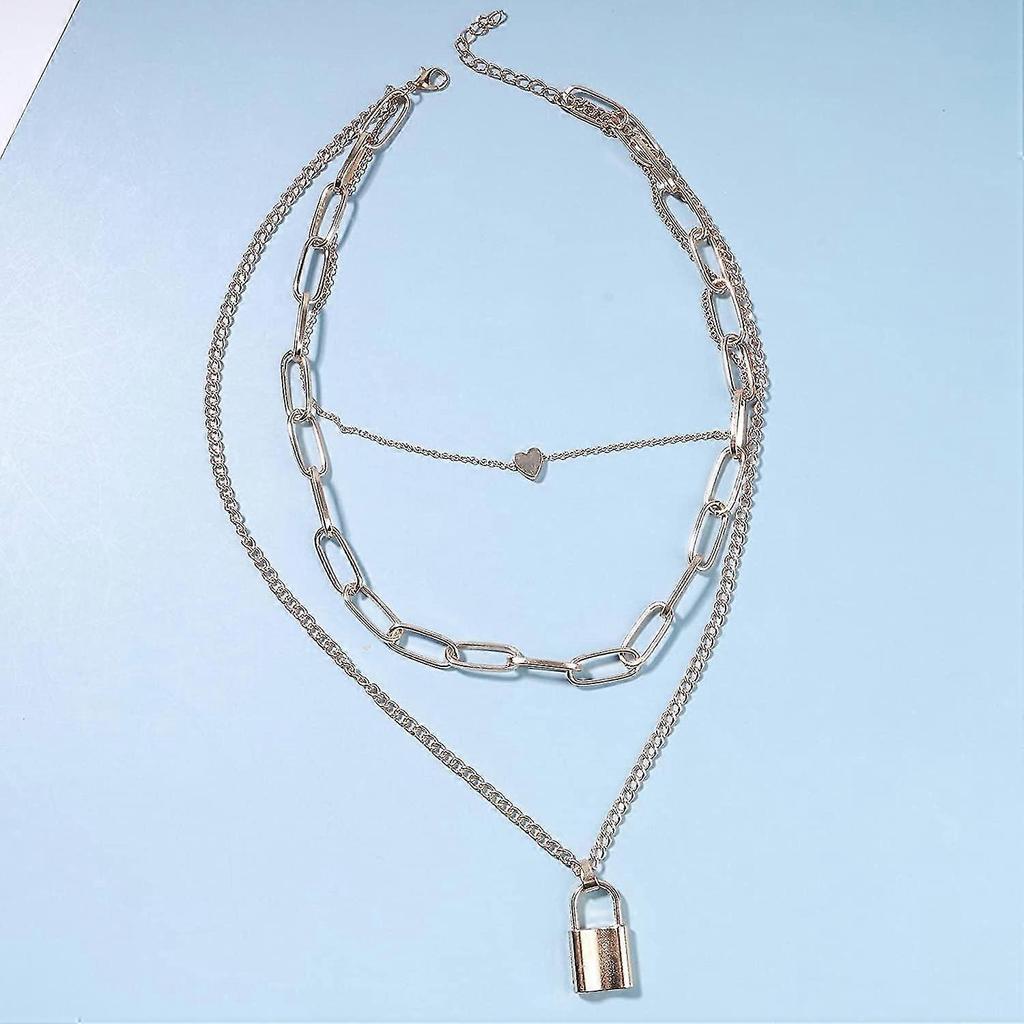 Layered Heart Necklace Gold Lock Chain Necklace Block Paper Clip Necklace