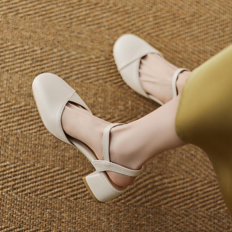 Summer women's bag head sandals casual women's high-heeled sandals solid color beef tendon soft sole new large size women's shoes square head