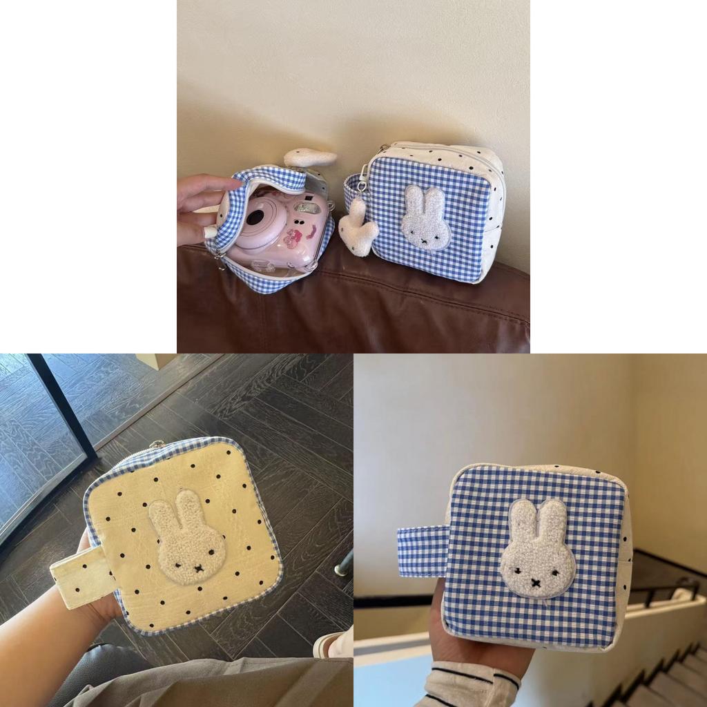 Blue Check Miffy Rabbit Storage Bag With Polyester Material For Casual Daily Use
