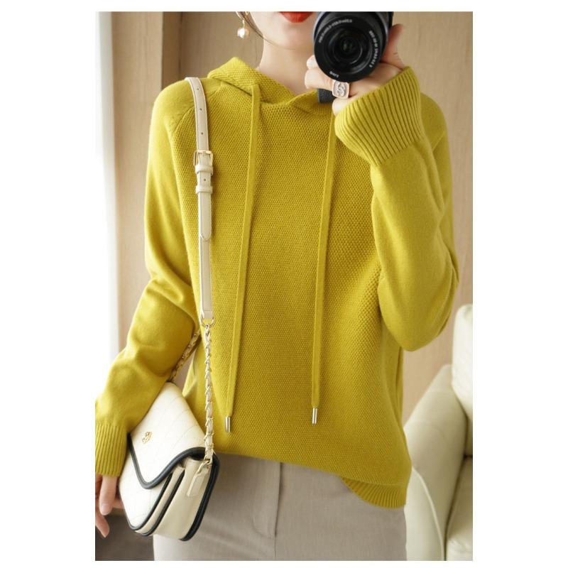 Autumn Winter Loose Casual Fashion Solid Color Hooded Sweater Women Pullover All-match Knitting Drawstring Top