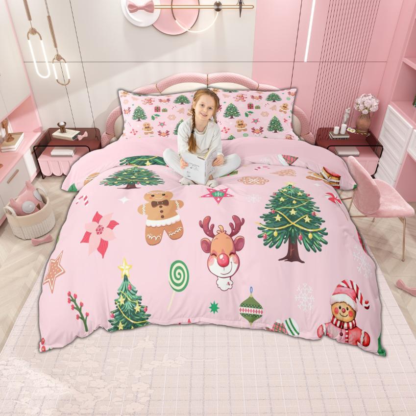 Homewish Girls Merry Christmas Duvet Cover Set Lovely Gingerbread Bedding Set Cartoon Xmas Tree Bedroom Set Room Decor