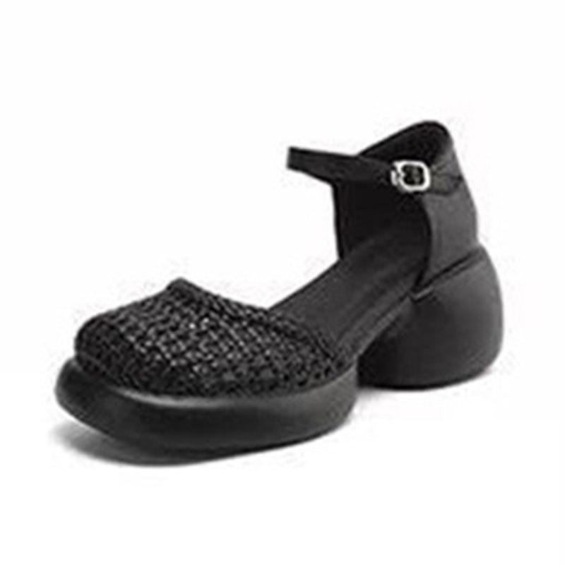 Fashion Thick-heeled Woven Bag Head Sandals Women's Summer 2025 New Versatile Height-increasing Casual Hollow Pig Cage Shoes