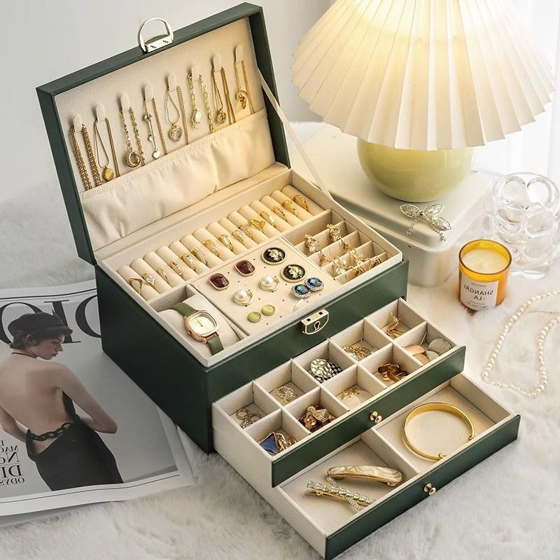 Classic Leather Jewelry Box With Multiple Layers For Elegant Storage Of Earrings Rings And Necklaces