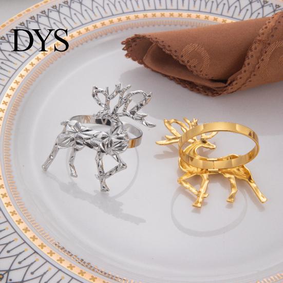 Gold Napkin Holders Christmas Deer Ring, Faceted Metal Elk Holder, Reusable Western Style Tableware Ring for Xmas Holiday Wedding Receptions