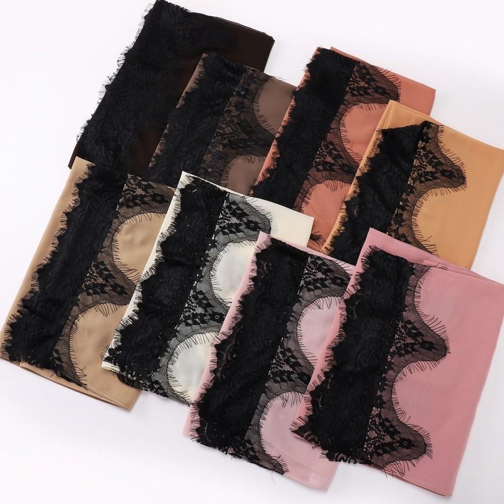 Eyelash Black Lace Long Hijab Soft Material Islamic Shawl Wrap Malaysian Headscarf For Women