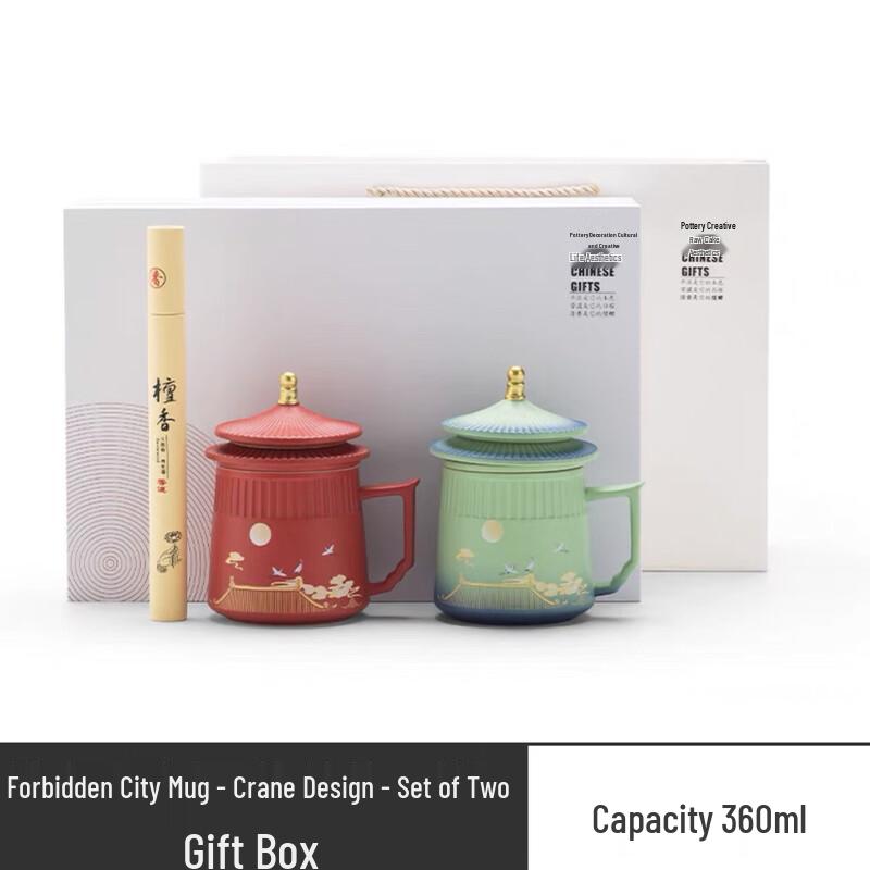 Forbidden City Crane Ceramic Mug Gift Set Pair of Mugs + Incense Sticks