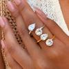 Stainless Steel Open Rings Waterproof PVD Gold Plated Teardrop Round Cubic Zirconia Finger Jewelry for Women