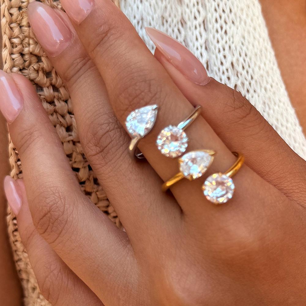 Stainless Steel Open Rings Waterproof PVD Gold Plated Teardrop Round Cubic Zirconia Finger Jewelry for Women