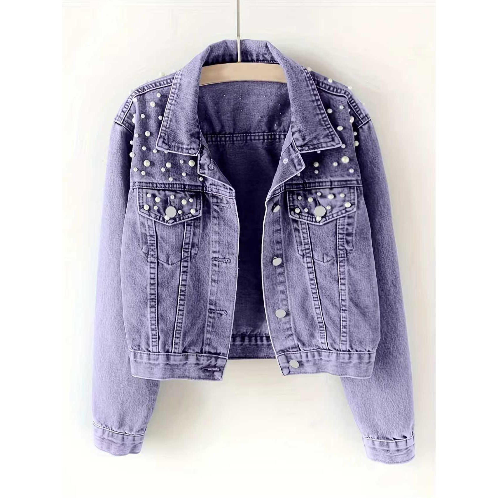 Plus Size Women s Casual Stretchy Denim Jacket with Pearl Accents XL