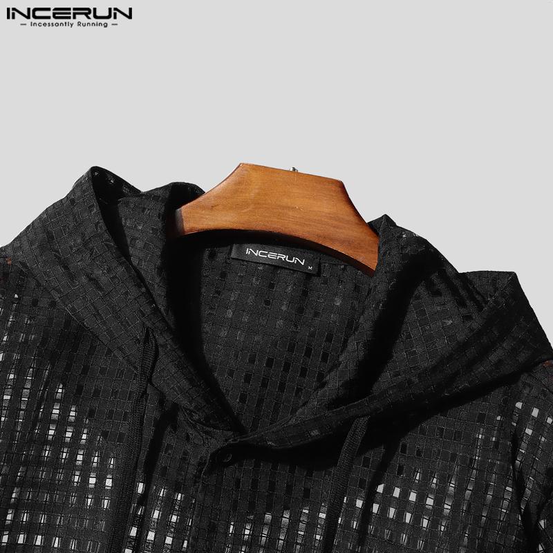 INCERUN Men Long Sleeve Buttons Plaid Transparent Hooded Shirts Outside Wear