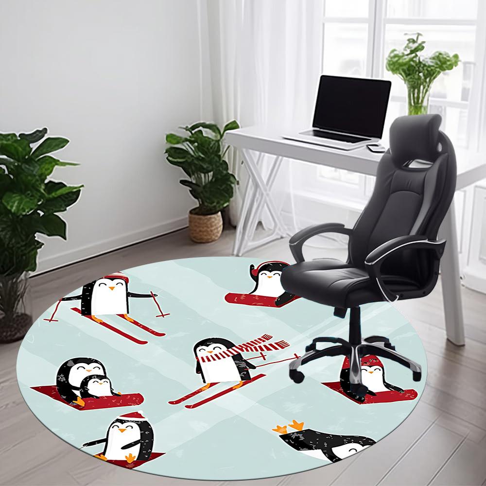 1PC Penguin Winter Office Round Area Rug, Mat Suitable For Office, Under Office Chairs Bedroom Living Room Home Decor, Room Deco