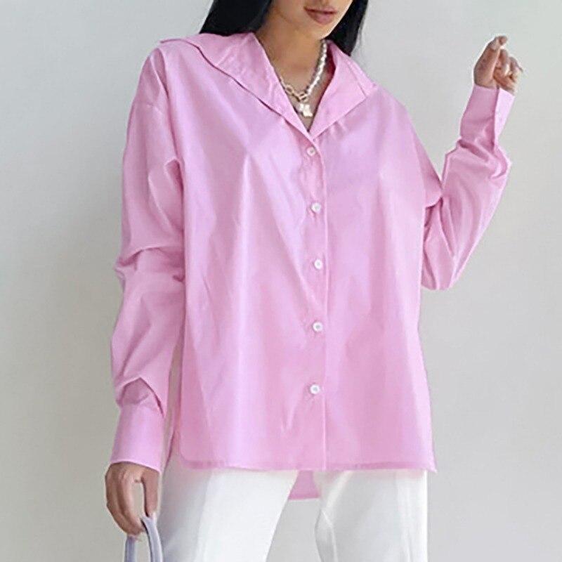 

Осенняя розовая рубашка с длинным рукавом, женская свободная однотонная повседневная женская блузка, модные элегантные блузки и топы с отложным воротником 29374 L розовый