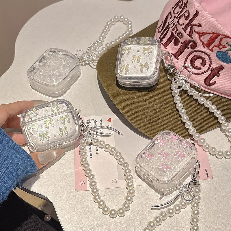 Solid Color Bow Tie Pearl Chain Apple Bluetooth Headphone Case For Airpods4 Case Airpodspro3
