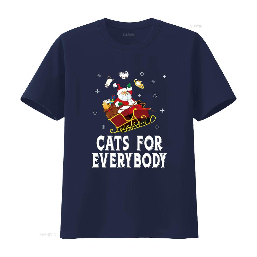 Cats For Everybody Christmas Cat Funny Xmas Women Santa T Shirt Vintage Washed Casual Slightly Homme Stretched Breathable