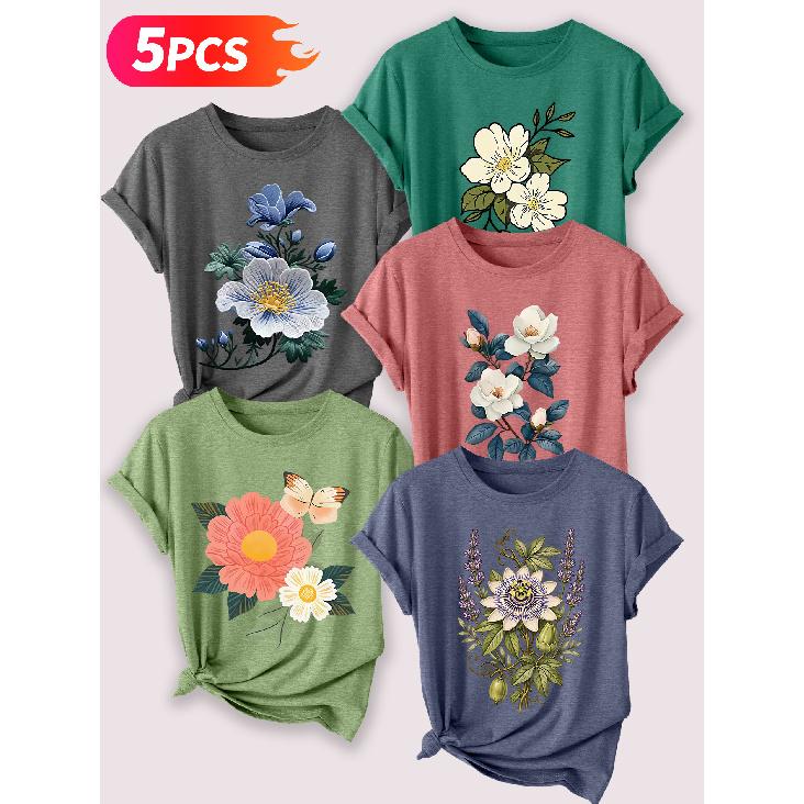 Follow a specific direction Five-piece set for women T Shirt Vintage Floral Illustration Print Summer Casual Elegant Women's Clothing Short Sleeve