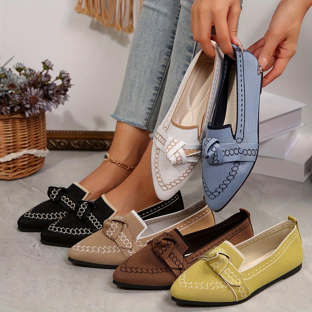 Women's Flyknit Mesh Pointed Toe Oversized Flat Slip-On Shoes 2025 Bow-Tie Casual Breathable Low-Cut Shoes