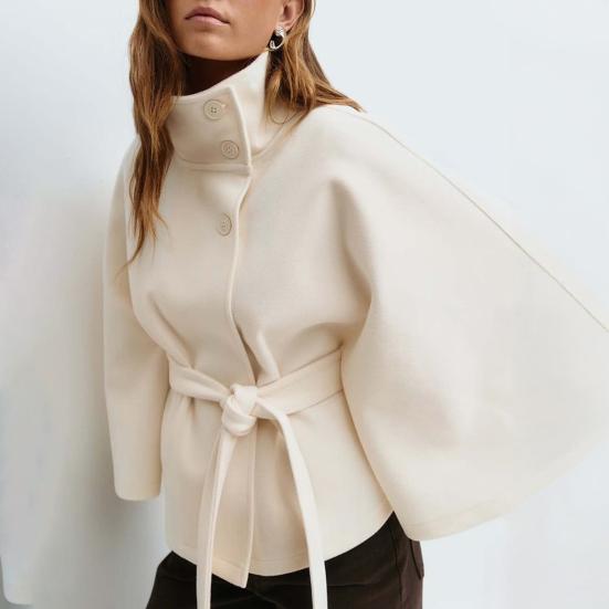 Women's Batwing Sleeve Wool Poncho Coat Stand Collar Cropped Cape Jacket with Belt Fall Winter